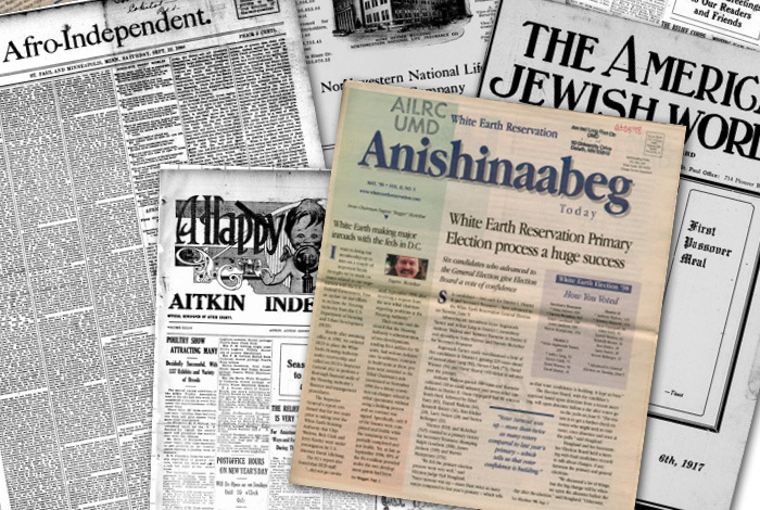 Many newspapers, including "Anishinaabeg Today," arranged on top of one another