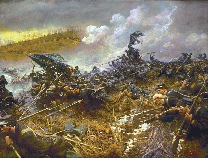 “Battle of Nashville” by Howard Pyle c. 1906, before restoration. The 5th, 7th, 9th and 10th Minnesota Regiments fought in the December 1864 battle. The painting has been located in the Governor’s Reception Room in the Minnesota State Capitol.