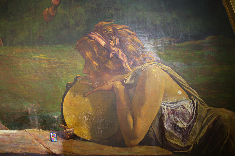 A figure in the mural “The Relation of the Individual to the State,” by John La Farge c. 1905, before restoration work. The mural is located on the west wall of the Supreme Court Chamber.