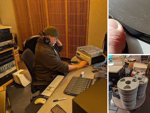 Composite image of three photos. 1-Man working on digitization process. 2-Crystal damage to tape. 3-stack of digitized tapes