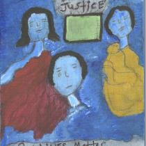 Three people on a blue background surrounding a green square. One in yellow, one in red, and one in blue. Text at the top, center and bottom of painting reads: “Disability Justice, Our Lives Matter, January 29, 2023, OC Poet”.
