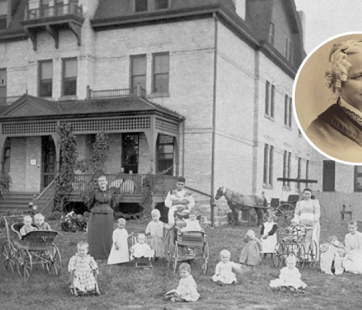 inset portrait of Charlotte over a photo of Bethany Home