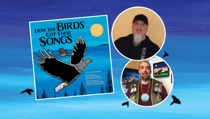 Front cover for How the Birds Got Their Songs along with headshots of author and illustrator